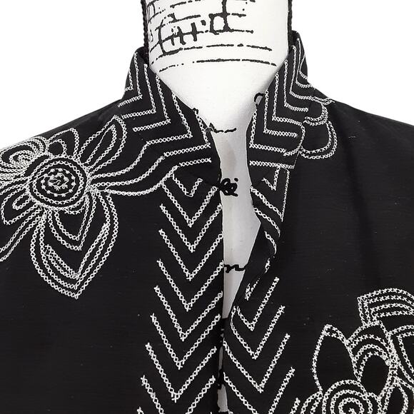 Vintage 90s Silk Blend Blazer Jacket Embroidered Floral Black Mandarin Collar L - Picture 3 of 10